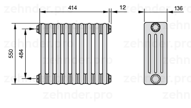 Схема (чертеж) Радиатор Zehnder Charleston 4055/9 №1270 Белый глянцевый RAL 9016